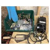 Bin hardware, computer cords, pump untested