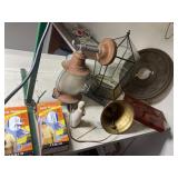 Brass bell, misc metal lot, bring boxes