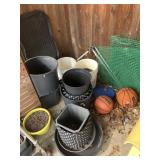 Flower pots, recycling bin, basketballs, scooter,