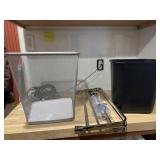 Metal & plastic garbage cans & towel rack