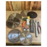Saw blades, wedge, screwbits, pliers, tie rod