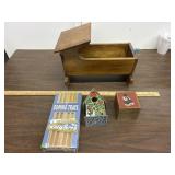 Wood cradle, domino trays, birdhouse, wood block