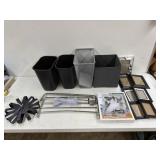 3 sm garbage cans, square tote, towel hanger ,