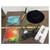 Black Hat, whip, 2 wigs & string of blue lights