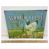 Scratch feeds metal sign, some rust and staining