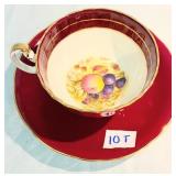 Aynsley Dark Red & Gold Fruit Teacup & Saucer