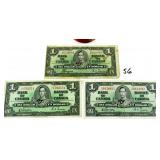3 Canadian 1937 One Dollar Bills