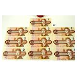10 Canadian 1986 Two Dollar Bank Notes/Bills