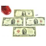 4 U.S.A. Bank Notes/Bills Including $2 Red Seal