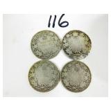 4 Early Canadian Silver Quarter Coins