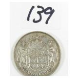 1949 Canadian Half Dollar Silver Coin