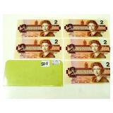 Five Canadian 1986 Two Dollar Bills