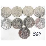 8 Canadian 1968 Silver Half Dollar Coins