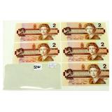 Five Canadian 1986 Two Dollar Bills