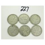 6 Canadian Silver Quarter Coins- All 1962