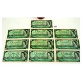 10 Canadian 1967 One Dollar Bank Notes/Bills