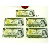 5 Canadian 1973 One Dollar Bank Notes/Bills