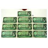 10 Canadian 1967 One Dollar Bank Notes/Bills
