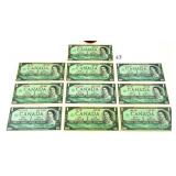 10 Canadian 1967 One Dollar Bank Notes/Bills