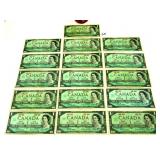 16 Canadian 1967 One Dollar Bank Notes/Bills