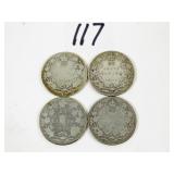 4 Early Canadian Silver Quarter Coins