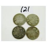 4 Early Canadian Quarter Coins