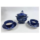 HISTORIC BLUE TRANSFER CUPS AND SUGAR BOWL