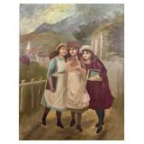 OIL ON BOARD OF THREE SCHOOL GIRLS