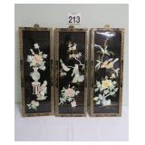 Carved Jade Birds & Flower On 3 Chinese Panels