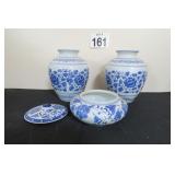 Pair Of Vases & Covered Pot / Bowl