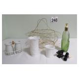 Vtg Kitchen w/ Folding Basket, Milk Glass & More