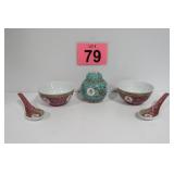 Chinese Ginger Jar & Rice Bowls w/ Spoons