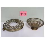 Brass Basket Bowl & Rolling Plant Stand