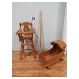 Oak Wood Doll Cradle & High Chair