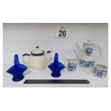 Vtg Tea Pots & Cobalt Blue Glass Baskets