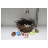 Bird Nest w/ Hand Painted Wood & Porcelain Eggs