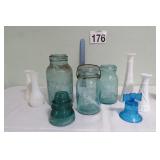 Vtg Blue Jars - Milk Glass Vases