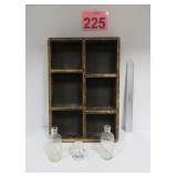 Antique Wood Shadow Box & Vtg Listerine Bottles