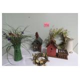 Hand Painted Bird House - Faux Plants & More