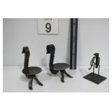 Pair Of Hand Forged Candle Holders & Folk Art Man