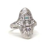 14K W. Gold Art Deco Diamond & Emerald Ring sz 6.5 14K W. Gold Art Deco Diamond & Emerald Ring sz 6.5