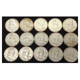 (15) Franklin Half Dollar US Coins (90% Silver) (15) Franklin Half Dollar US Coins (90% Silver)