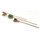 (3) 14K Gold Stick Pins (Carved Jade, Amber, Dia.) (3) 14K Gold Stick Pins (Carved Jade, Amber, Dia.)