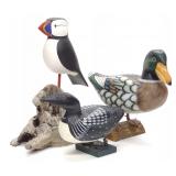 (3) Mallard, Puffin & Loon Wooden Bird Sculptures (3) Mallard, Puffin & Loon Wooden Bird Sculptures