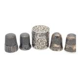 5 pc Sterling Silver Thimble Holder & Thimbles 5 pc Sterling Silver Thimble Holder & Thimbles