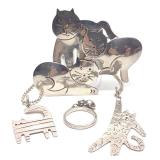 4 Sterling Silver Cat Necklaces, Ring & Brooch 4 Sterling Silver Cat Necklaces, Ring & Brooch