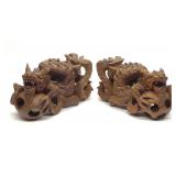 Pr of Asian Wood Carved Dragons w/ Ball Sculptures Pr of Asian Wood Carved Dragons w/ Ball Sculptures