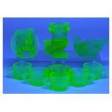 9 Figural Uranium Glass Salt Cellars (Boyd) 9 Figural Uranium Glass Salt Cellars (Boyd)
