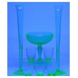 (8) Uranium Glass Bud Vases, Tumblers & Compote (8) Uranium Glass Bud Vases, Tumblers & Compote