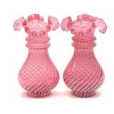 Pr of Fenton Cranberry Opalescent Optic Vases